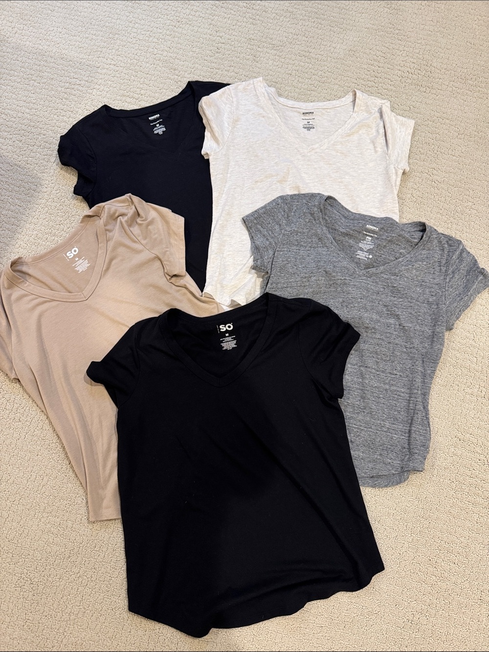 SO Women’s V-Neck Short Sleeve Tee — Black, Gray, Cream, Tan Bundle Medium